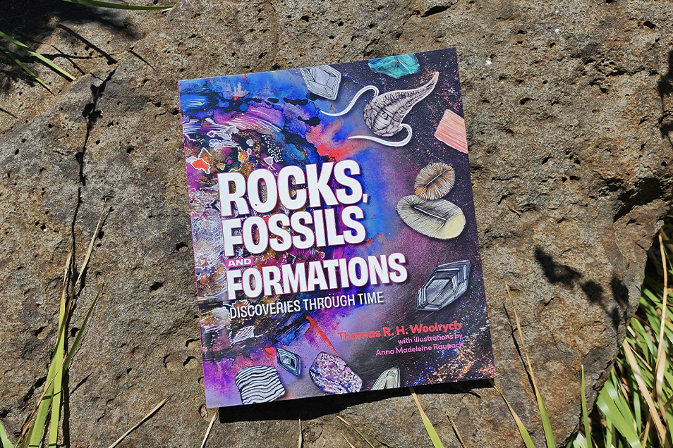 The paperback book 'Rocks, Fosils and Formations' laying on a pitted boulder.